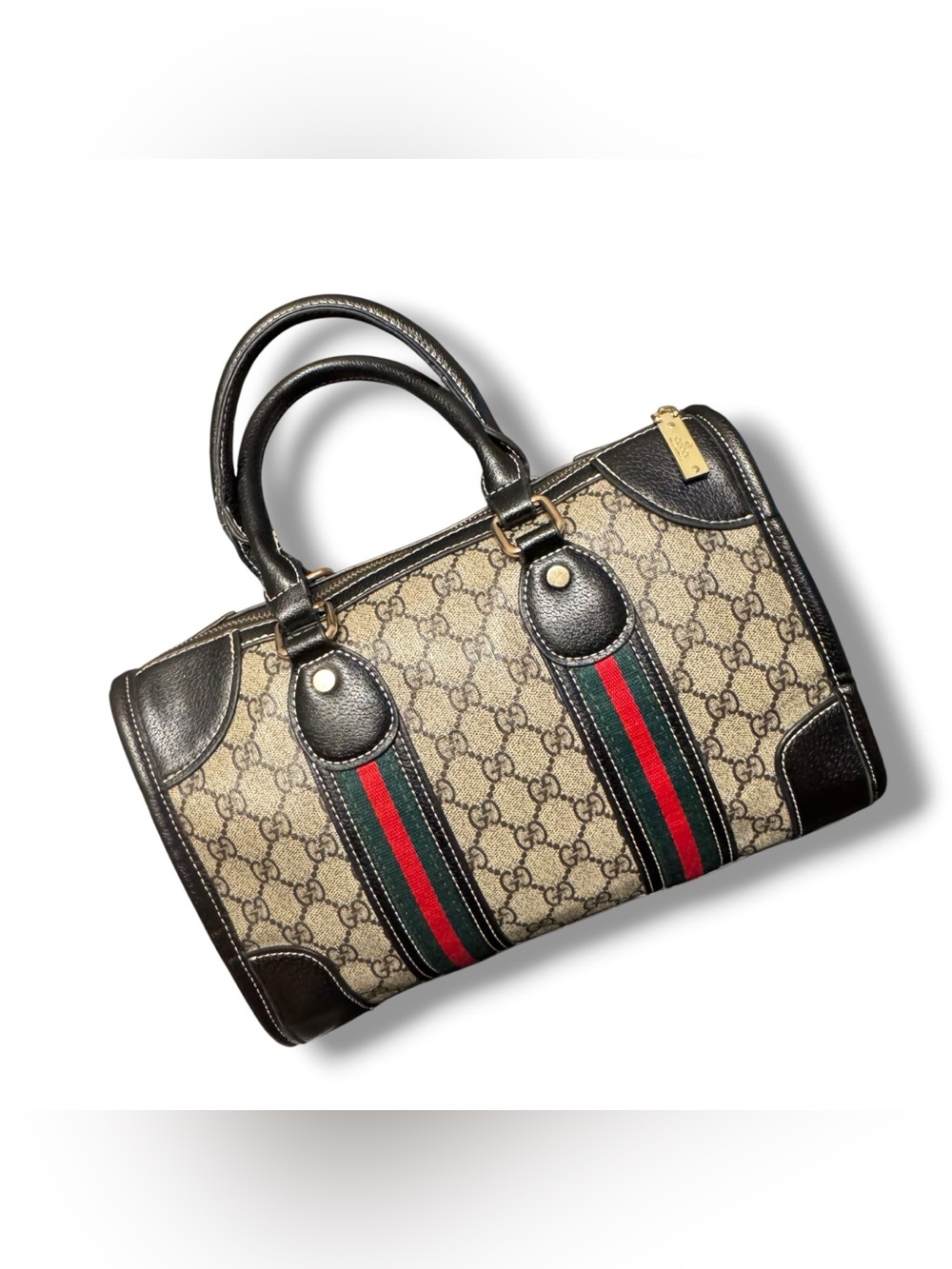 GG Monogram Boston Style Bag Web Stripe Cat Head Black Satchel Handbag - Picture 2 of 13